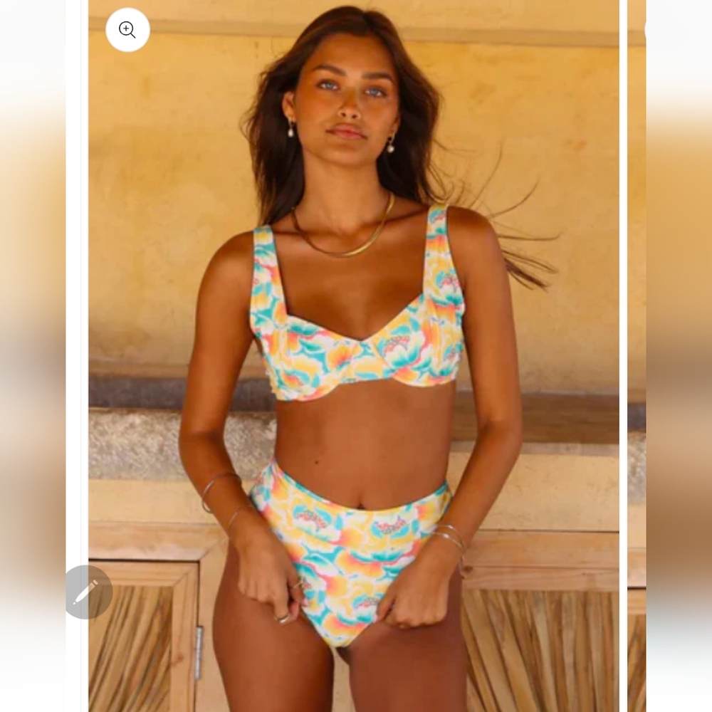 Kulani Kinis Tropical Floral Bikini Bottom in Turquoise, Peach & Yellow